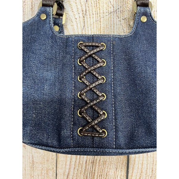 Vtg Y2K Small Denim Handbag Faux Leather Lace Up Front Blue Jean Shoulder Bag - Picture 3 of 15